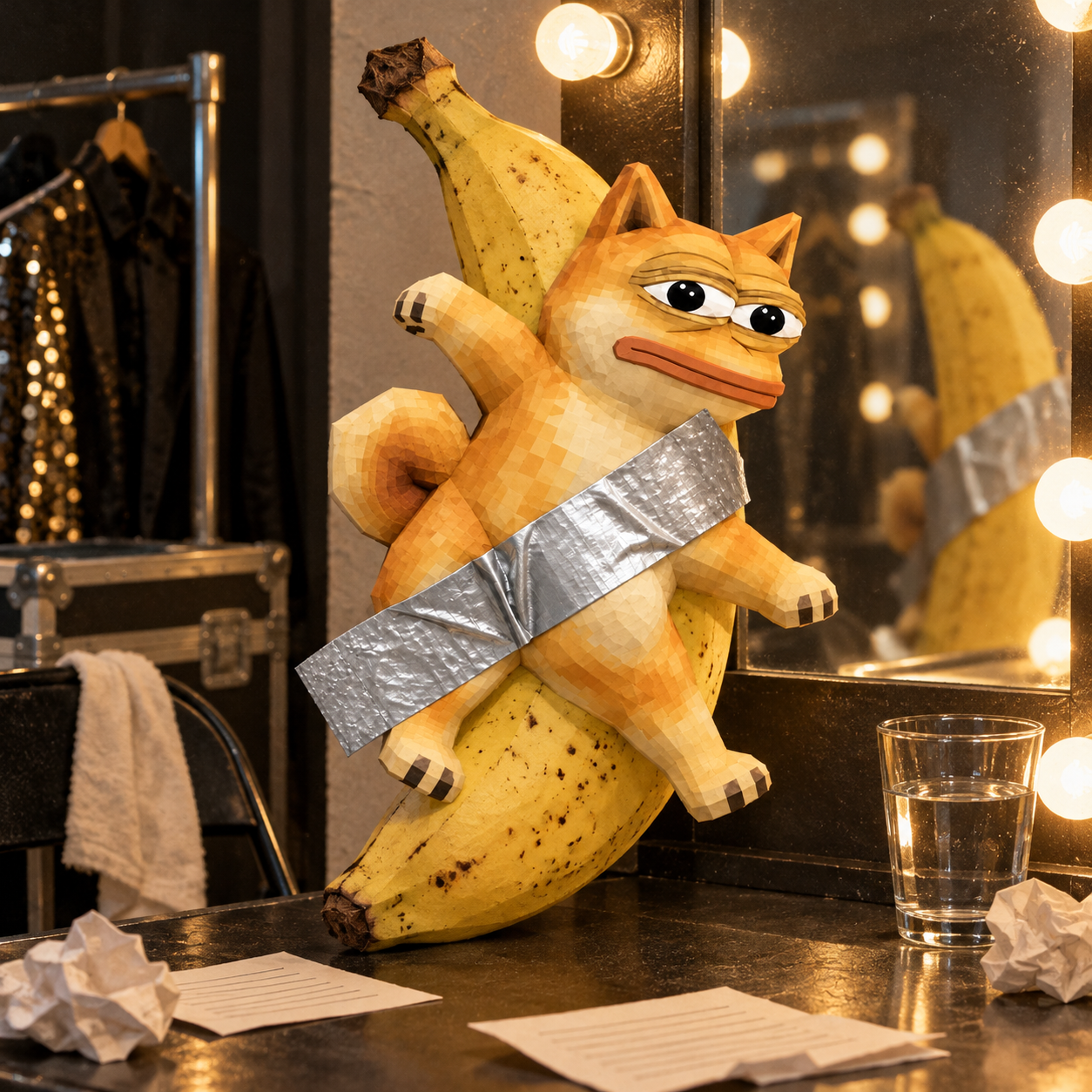 Comedian Dope in a backstage dressing room with a mirror and cue cards